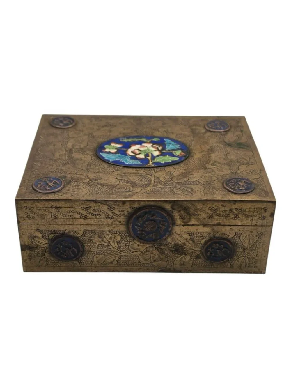 Antique Brass Jewelry Box Cloisonné Floral Bird Design Vintage Trinket Storage